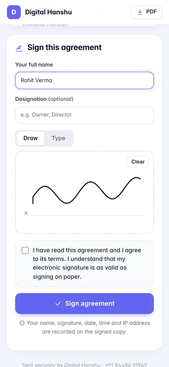 Client signing an agreement on phone in Digital Hanshu CRM