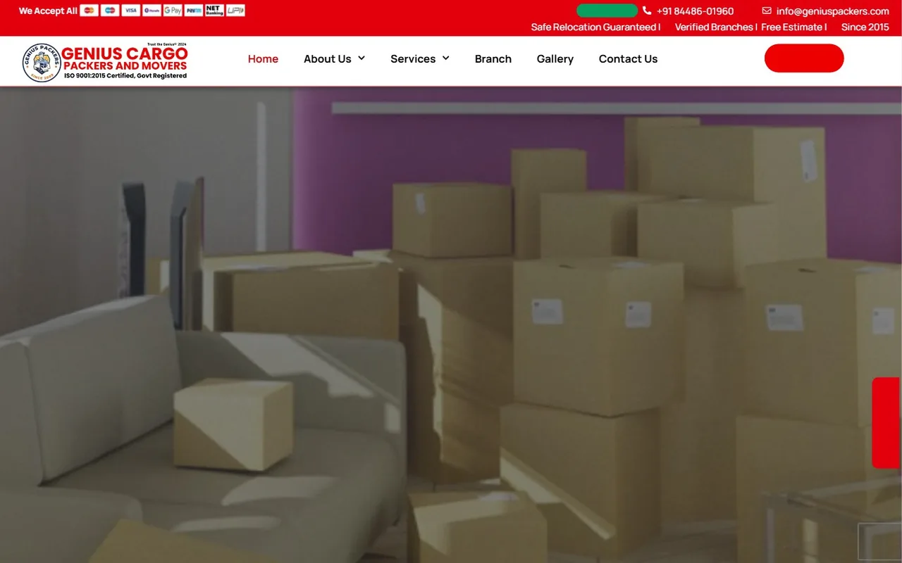 Genius Packers & Movers – home page (desktop)